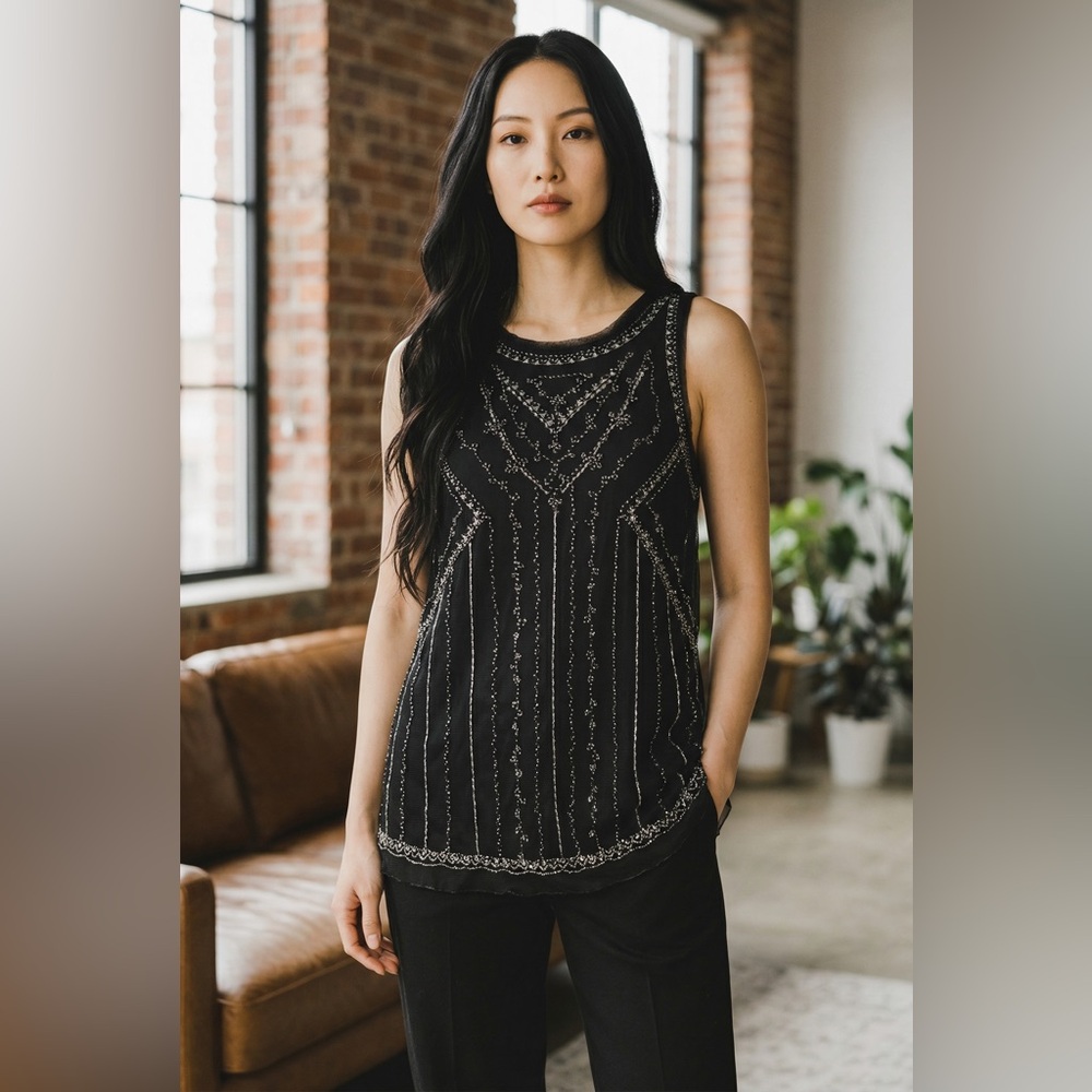 Vanity Black Beaded Sheer Sleeveless Camisole